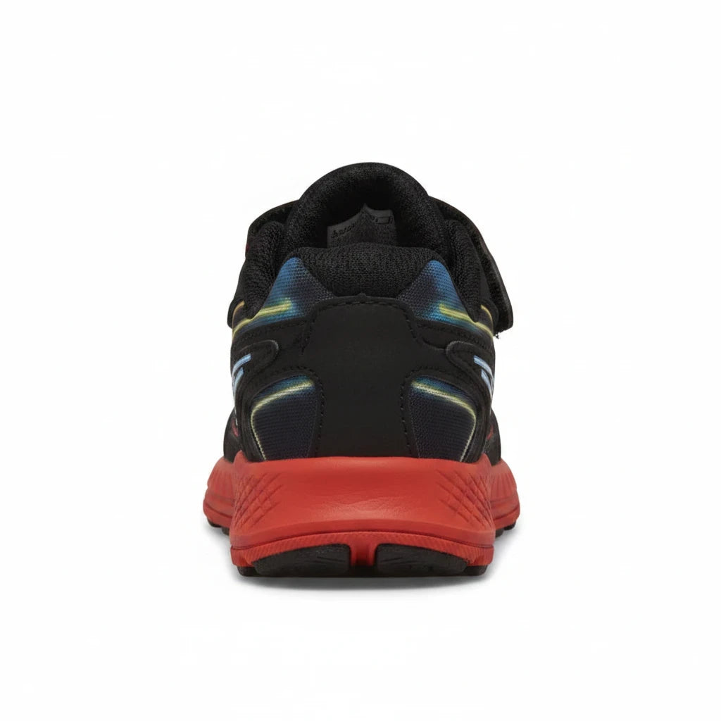 Allen's Bootery RIDE 10 JR toddler sneaker in neon, black, and red with a durable EVA midsole and rear view.