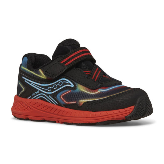 Allen's Bootery infant RIDE 10 JR sneaker in neon, black, and red with leather and mesh upper and hook-and-loop strap.