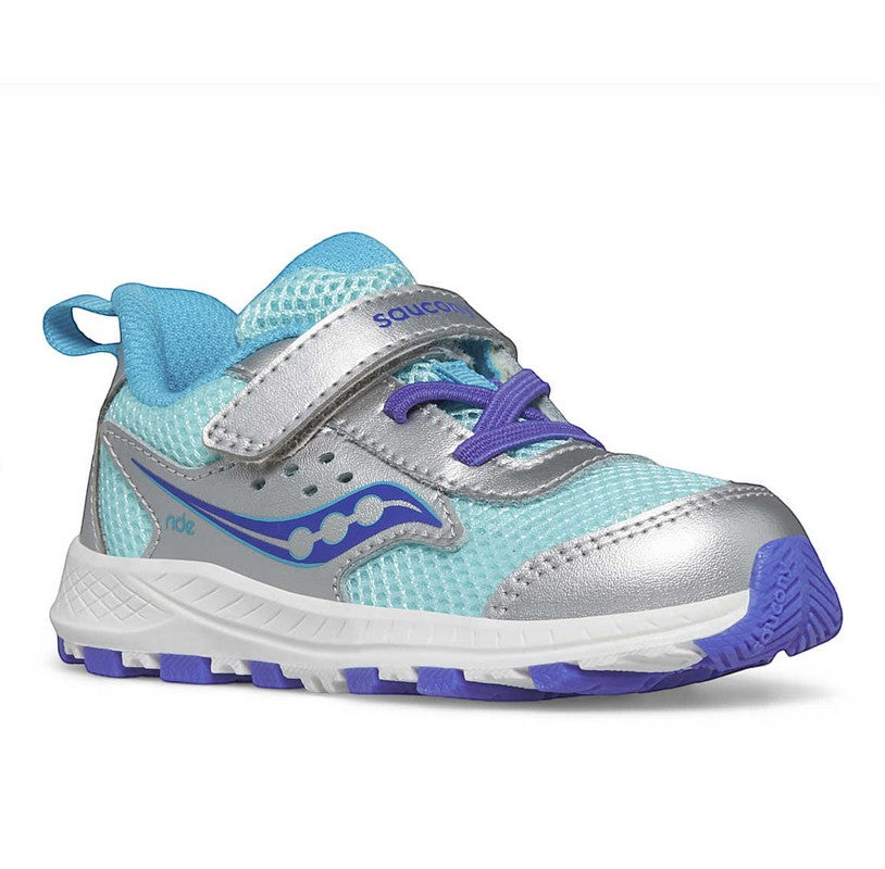 Allen's Bootery Ride Jr. silver and turquoise toddler sneaker with mesh upper, hook and loop strap, and purple accents.
