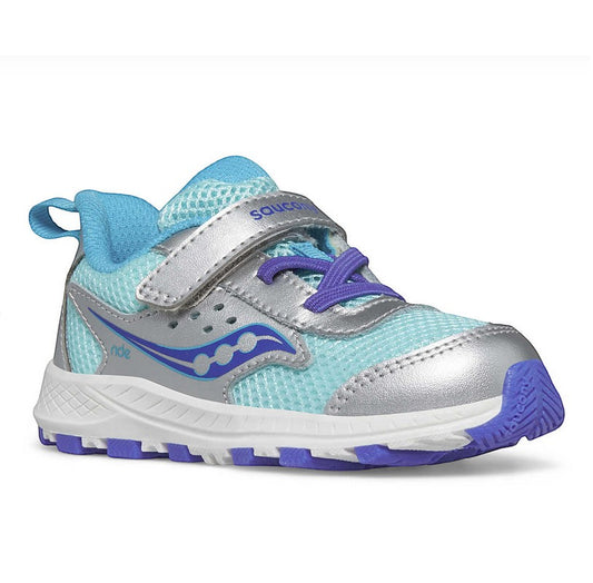 Allen's Bootery Ride Jr. silver and turquoise toddler sneaker with mesh upper, hook and loop strap, and purple accents.