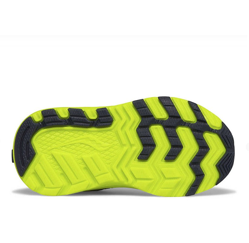 Allen's Bootery Ride Jr. toddler sneaker outsole in navy and citron with non-marking tri-flex lug traction pattern.
