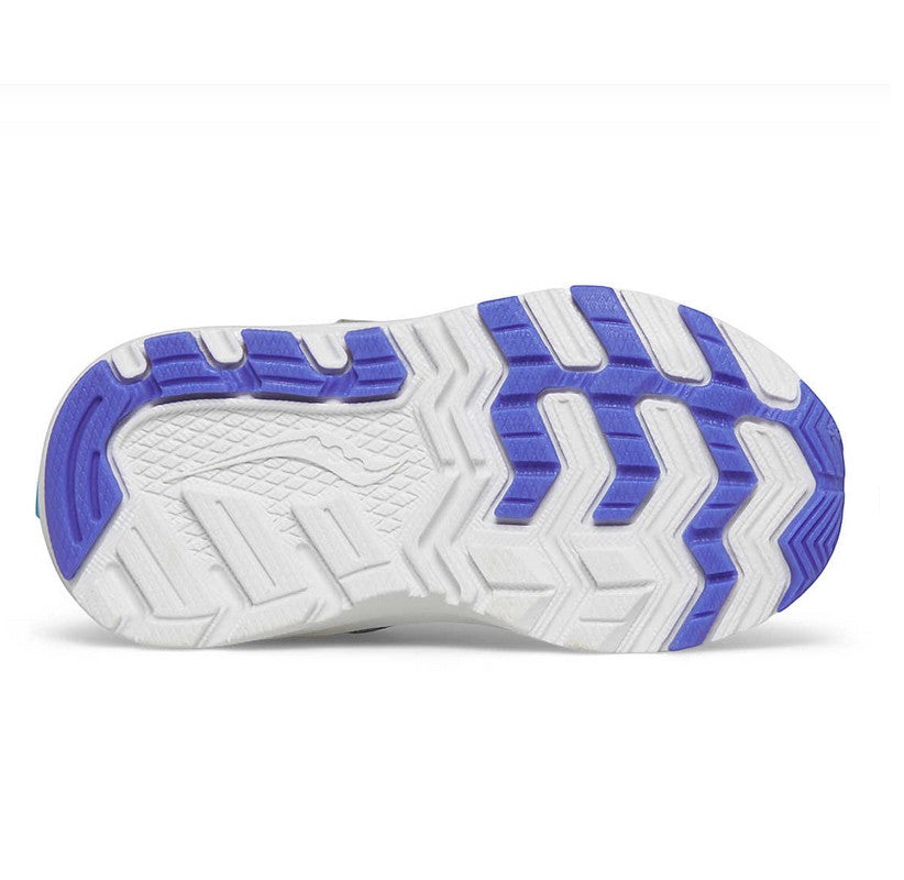 Allen's Bootery Ride Jr. toddler sneaker showing the white and turquoise flexible non-marking rubber outsole