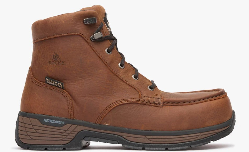 Allen's Bootery RKK0467 Treadflex 6” brown waterproof leather composite toe work boot with slip-resistant sole.