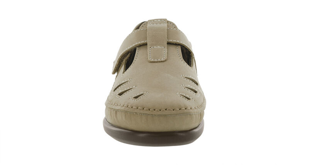 Allen's Bootery Roamer sage leather comfort shoe with adjustable strap and decorative cutouts, front view