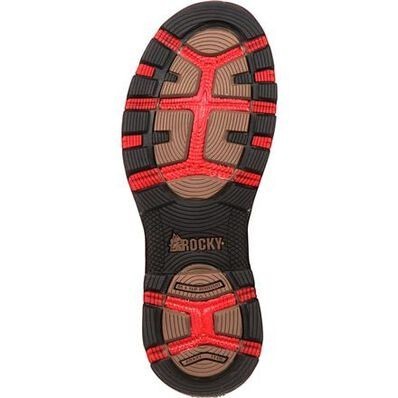 Allen's Bootery Rocky AdaptaGrip composite toe waterproof work boot sole with red and black tread pattern.