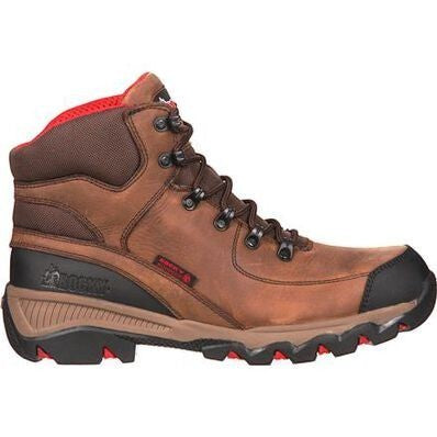 Allen's Bootery brown full-grain leather waterproof composite toe work boot with red lining and black sole.