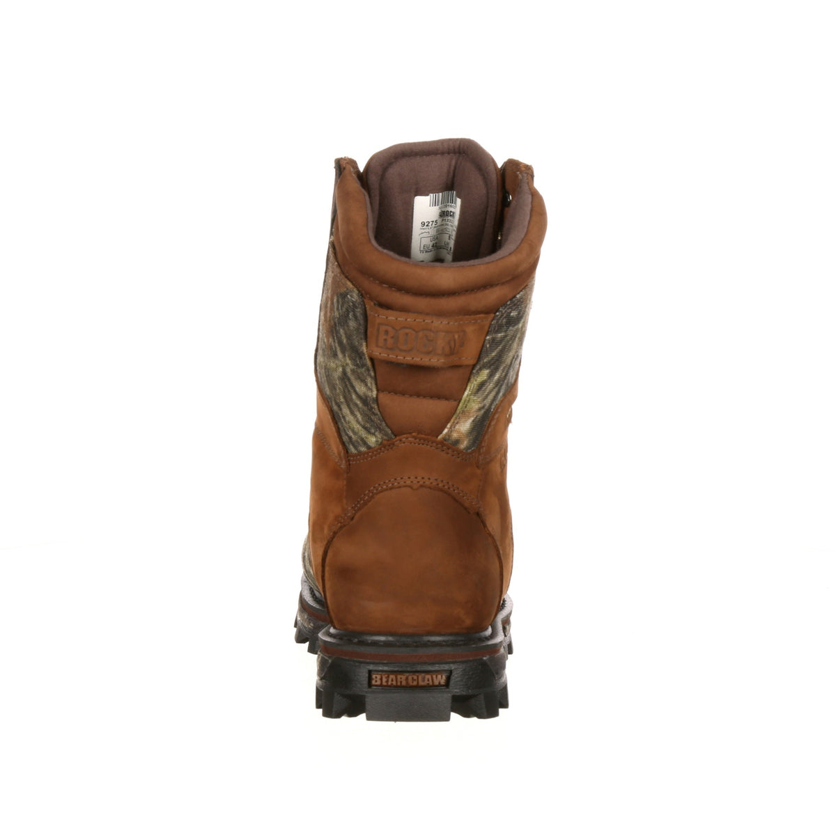 Allen's Bootery Rocky BearClaw hunting boot in brown leather and camo print, rear view showing 3D outsole detail.