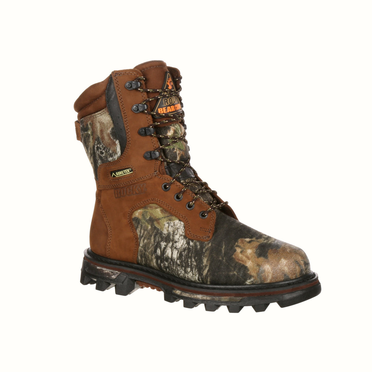 Allen's Bootery Rocky BearClaw hunting boot in brown leather and Mossy Oak camo with GORE-TEX waterproof insulation.