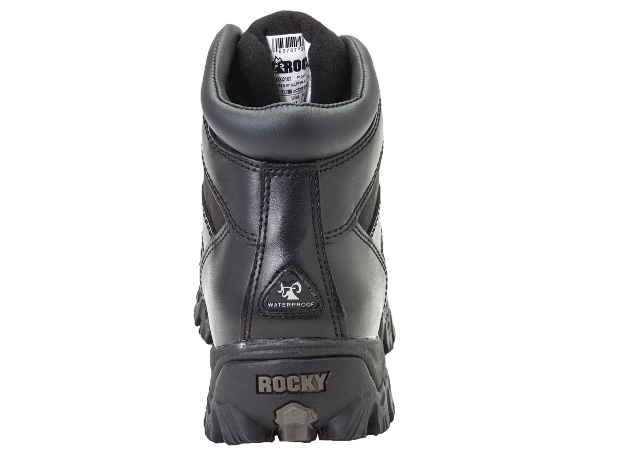 Allen's Bootery Rocky Alpha Force waterproof public service boot, black leather and nylon, rear view showing heel