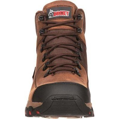 Allen's Bootery Rocky brown full-grain leather composite toe waterproof work boot with black rubber sole and red accents.
