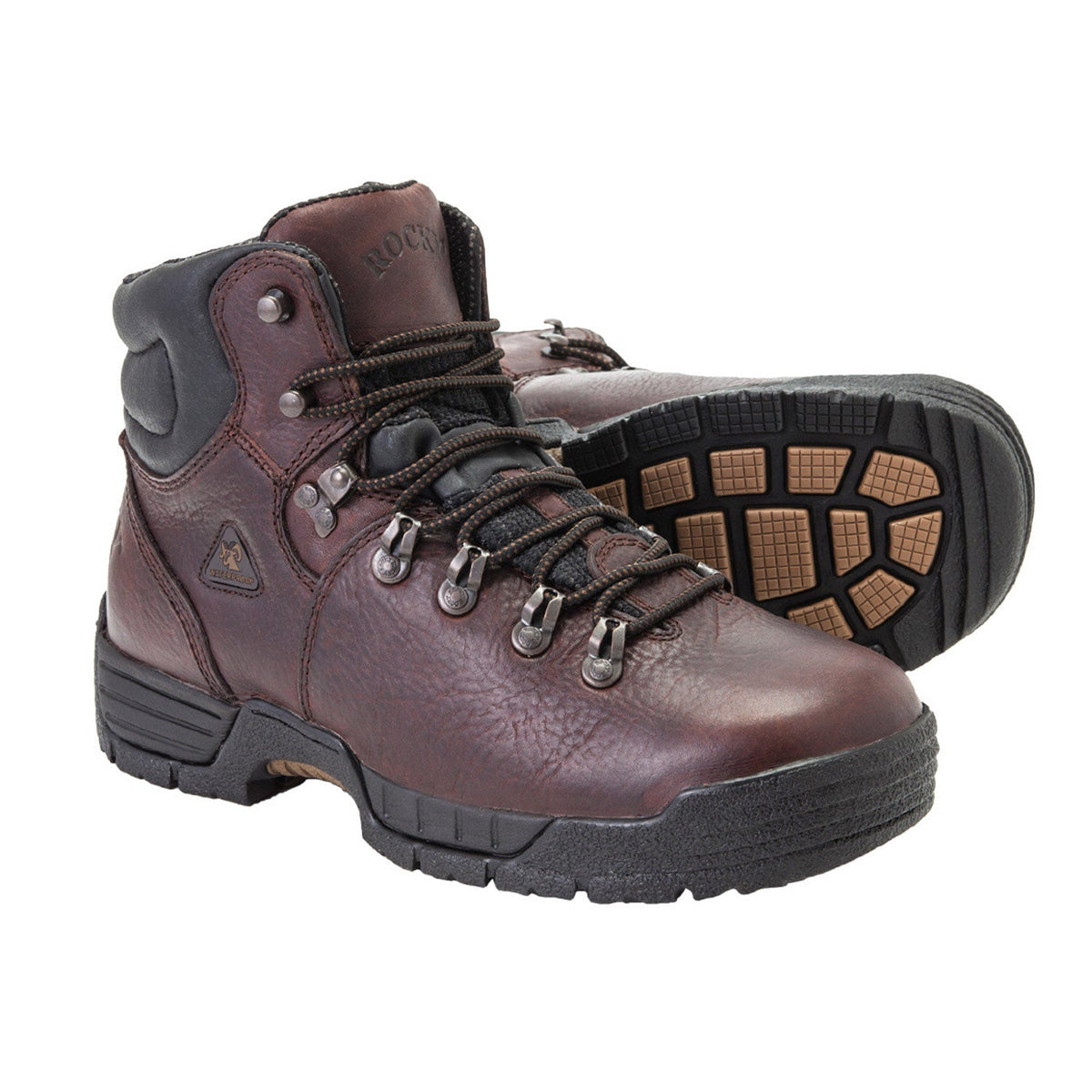 Allen's Bootery Rocky Mobi Lite brown leather steel toe waterproof work boots with lace-up design and rubber outsole
