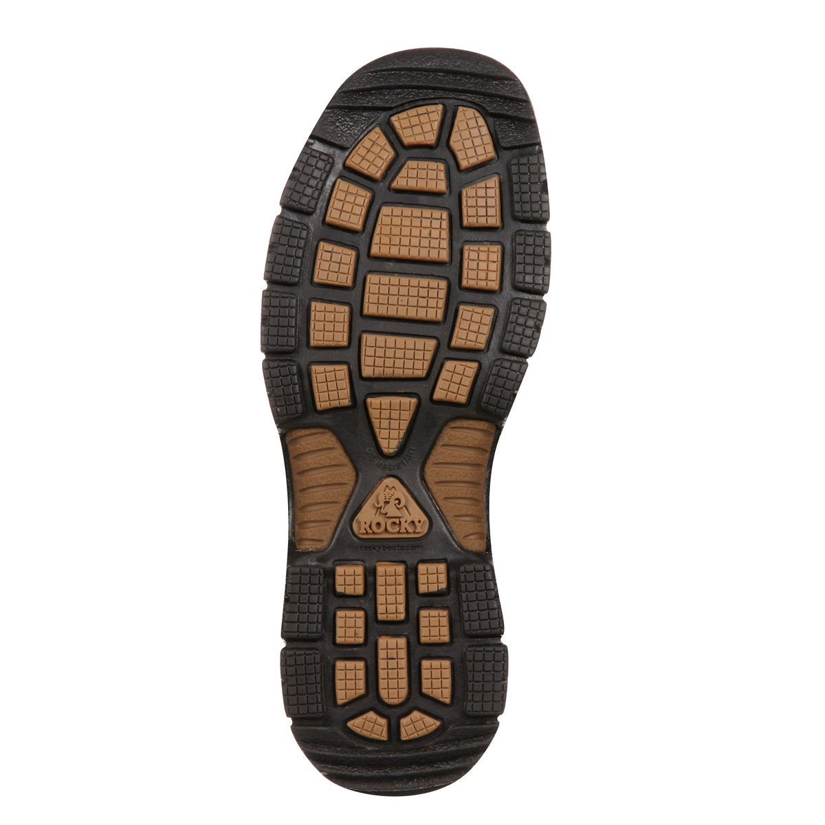 Allen's Bootery Rocky MobiLite work boot rubber outsole with slip-resistant tread pattern and brown lug design
