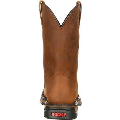Allen's Bootery Rocky Original Ride waterproof western work boot in brown leather with a composite toe and rubber sole.