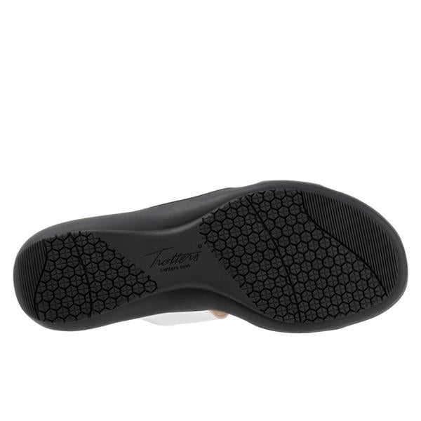 Allen's Bootery Rose white sandal showing the black lightweight flexible rubberized sole with textured tread pattern