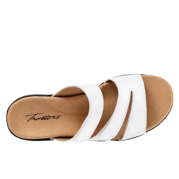 Allen's Bootery Rose white leather sandals with three adjustable straps and a cushioned memory foam footbed