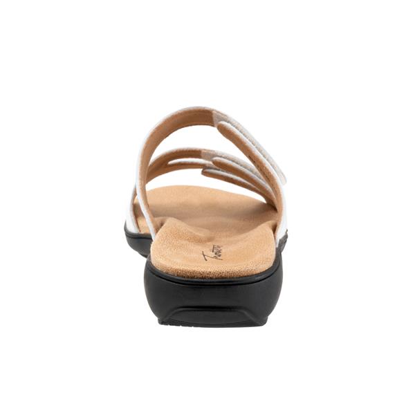 Allen's Bootery Rose white leather sandals with three adjustable straps and a cushioned memory foam footbed