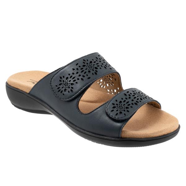 Allen's Bootery Ruthie navy leather two-band slide sandals with geometric laser-cut details and cushioned footbed.