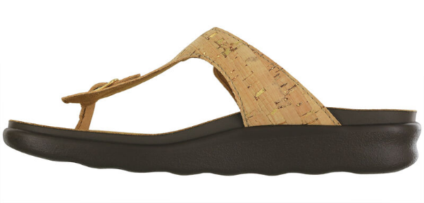 Allen's Bootery Sanibel gold cork toe-post sandal with adjustable buckle and cushioned dark brown sole