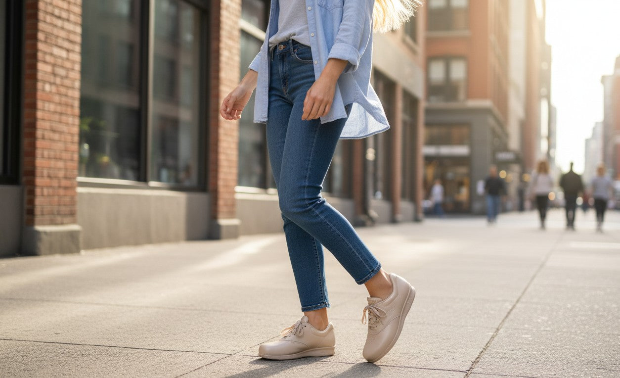 Allen's Bootery SAS Free Time bone leather walking shoes worn by a woman in jeans on a city sidewalk