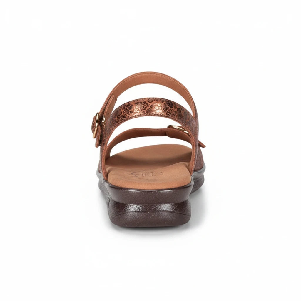 Allen's Bootery Duo 25 quarter strap sandal in metallic bronze with adjustable buckles and cushioned insole