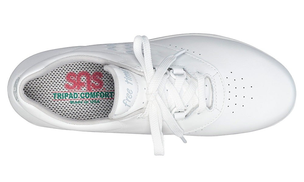 Allen's Bootery SAS Freetime white leather walking shoe with cushioned insole and EZ Lace system, top view.
