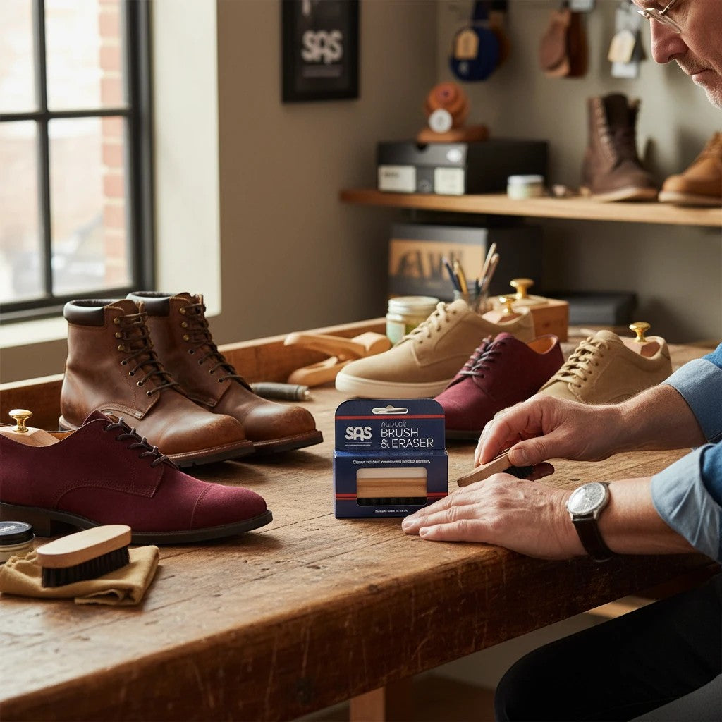 Allen's Bootery SAS Nubuck Brush and Eraser Kit on a wooden workbench with leather shoes and a man cleaning footwear.