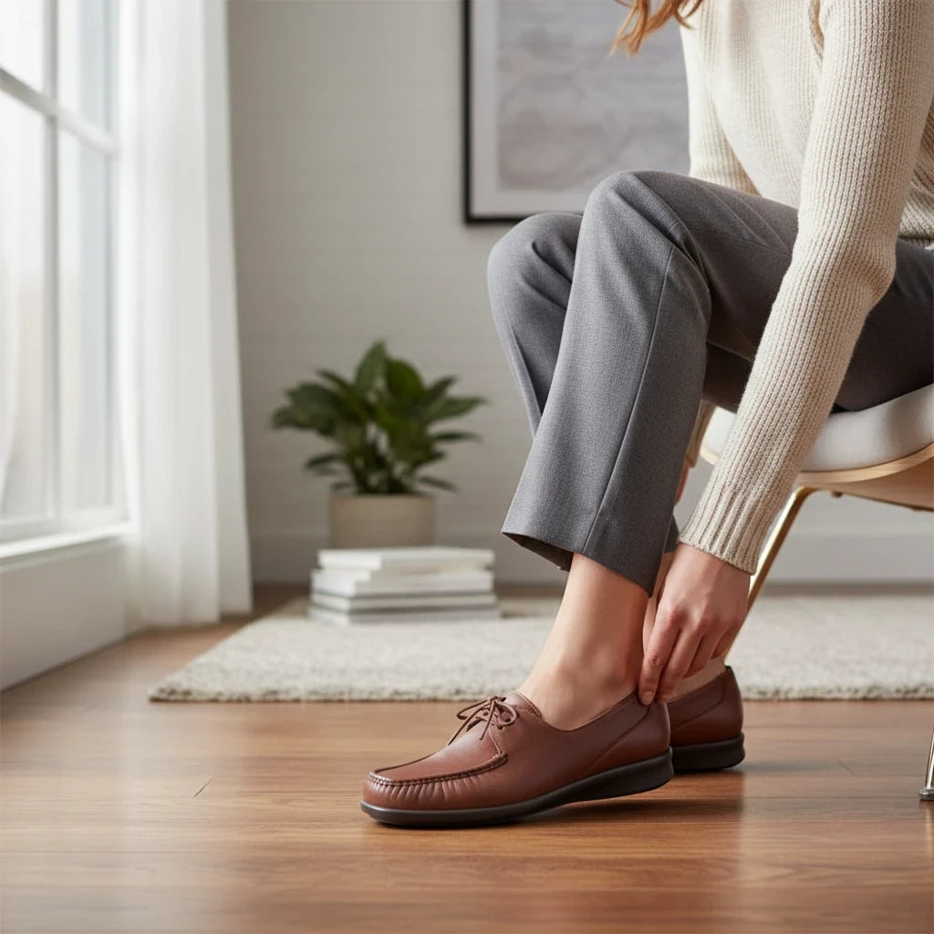 Allen's Bootery SAS Petra tan leather moccasin loafers worn by a woman in grey trousers for a comfortable office look