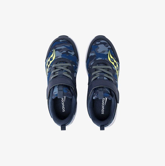 Allen's Bootery Little Kid's Flash LE navy and lime camouflage sneakers with hook-and-loop straps and durable toe caps.