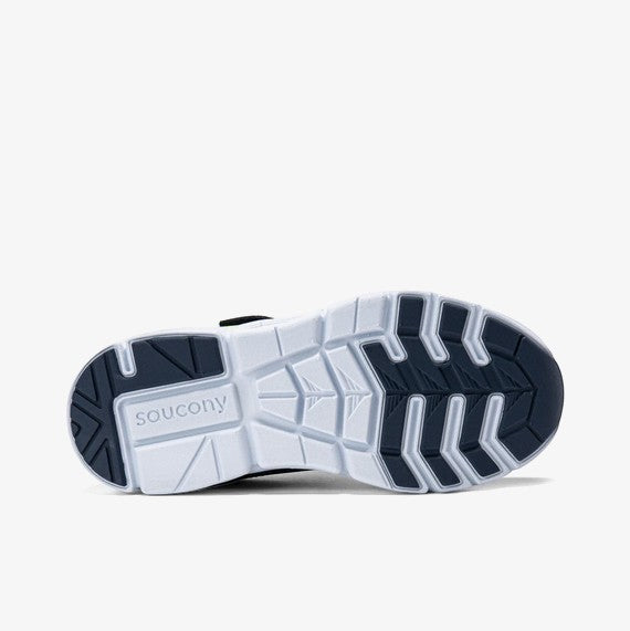 Allen's Bootery Little Kid's Flash LE navy and lime sneakers with durable leather upper and lightweight outsole.