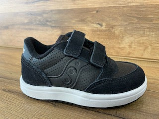 Allen's Bootery black Saucony Jazz infant sneaker with suede and nylon upper, velcro straps, and white foam midsole.