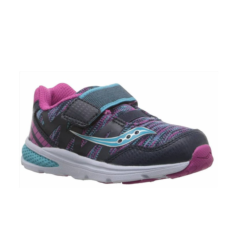 Allen's Bootery navy and multi-colored Saucony kids sneaker with hook-and-loop strap, mesh upper, and EVA midsole.