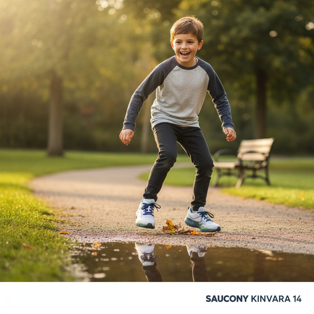 A happy boy wearing Allen's Bootery Saucony Kinvara 14 grey, blue, and green performance running sneakers in a park.
