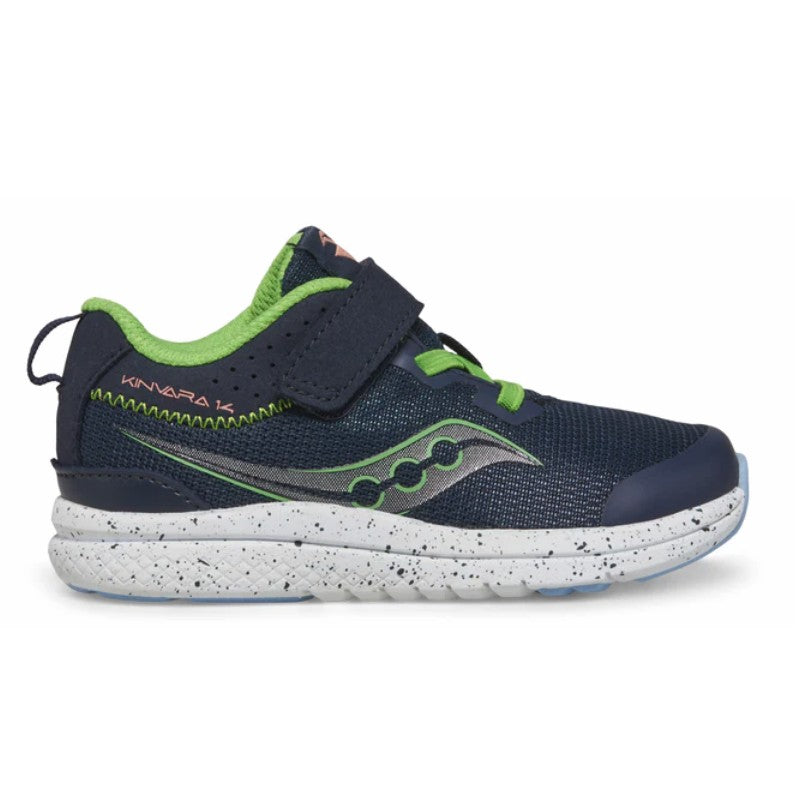 Allen's Bootery Saucony Kinvara 14 kids running shoe in navy mesh with green accents and a speckled white midsole