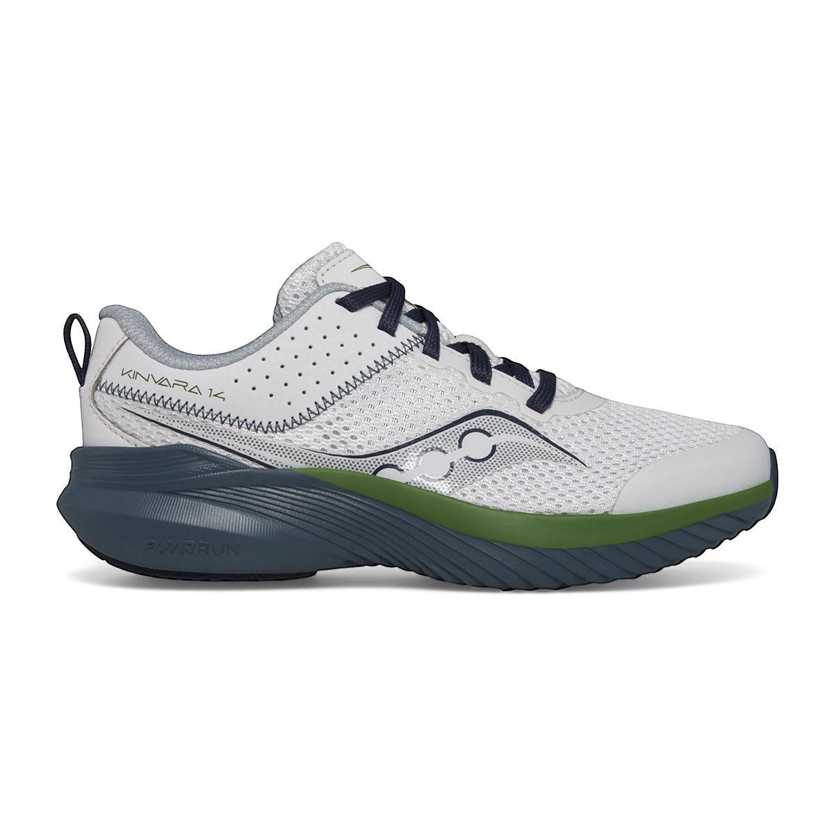 Allen's Bootery Saucony Kinvara 14 little kid's performance running shoe in grey, blue, and green with mesh upper.