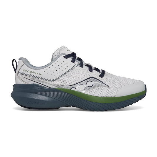 Allen's Bootery Saucony Kinvara 14 little kid's performance running shoe in grey, blue, and green with mesh upper.