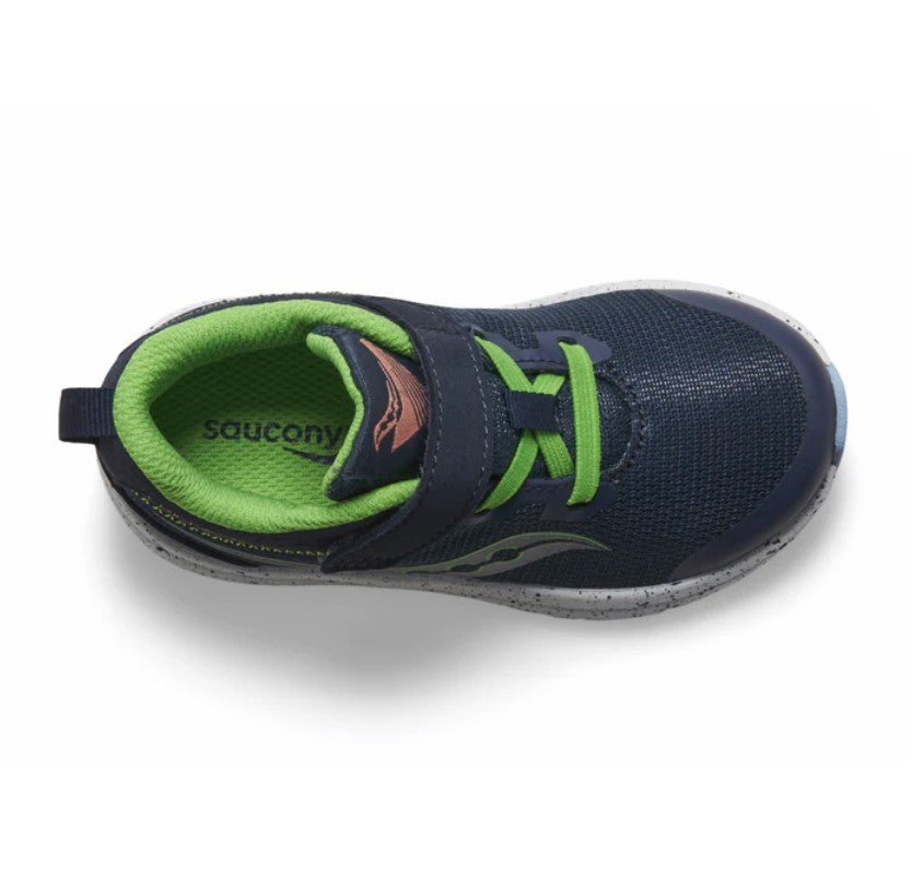 Allen's Bootery Saucony Kinvara 14 A/C navy and green lightweight kids running shoe with hook and loop closure