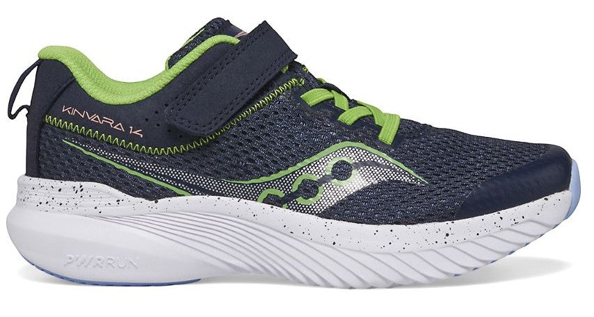 Allen's Bootery Saucony Kinvara 14 kids' navy and green mesh running shoe with hook and loop closure