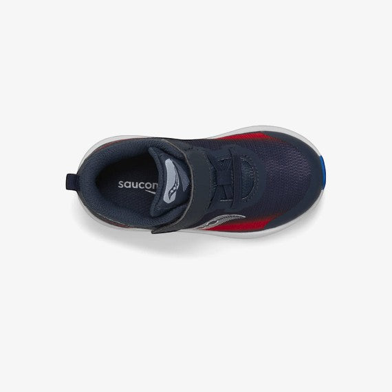 Allen's Bootery Saucony Kinvara 14 A/C kids running shoe in navy and red with a hook-and-loop strap, top view.