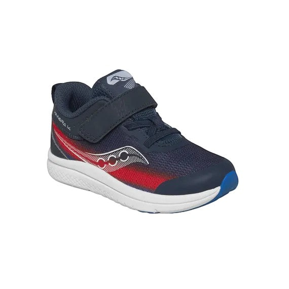Allen's Bootery Saucony Kinvara 14 A/C kids running shoe in navy and red with a hook-and-loop strap closure.