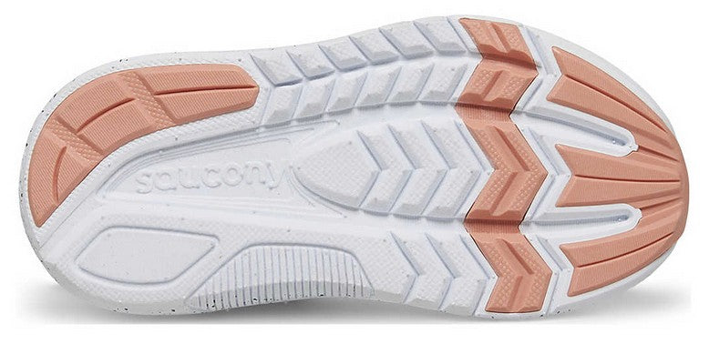 Allen's Bootery Saucony Kinvara 14 toddler shoe outsole with white EVA midsole and peach rubber traction pads