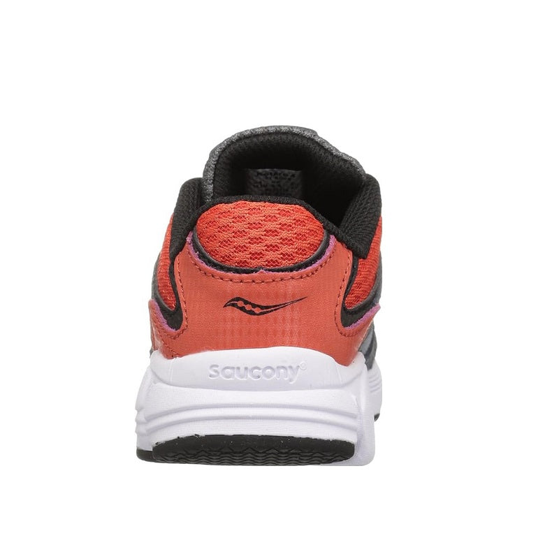 Allen's Bootery Saucony Kids Kotaro 4 running shoe in grey and orange, back view showing heel and white sole