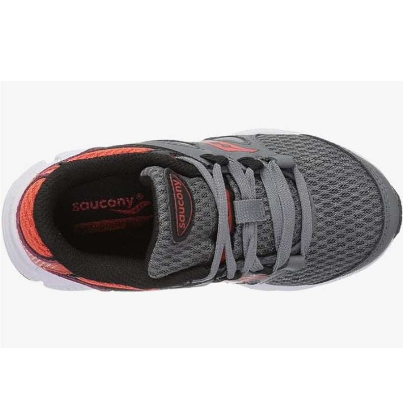 Allen's Bootery Saucony Kotaro 4 boys running shoe in grey and orange with mesh upper and lace-up closure