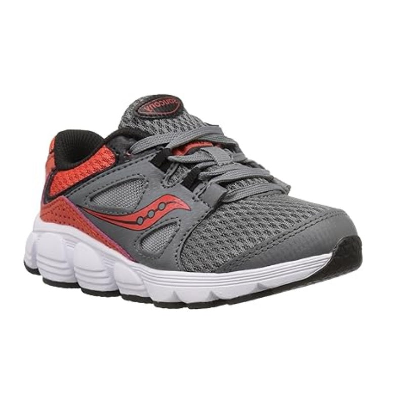 Allen's Bootery Saucony Kotaro 4 boys running sneaker in grey and orange with breathable mesh and white EVA sole
