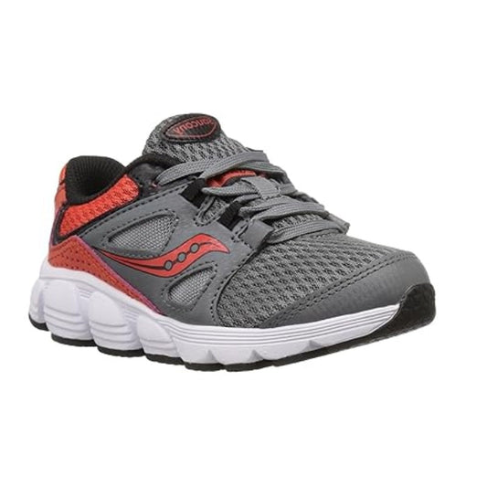 Allen's Bootery Saucony Kotaro 4 boys running sneaker in grey and orange with breathable mesh and white EVA sole