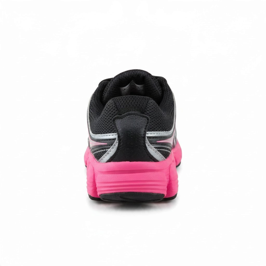 Allen's Bootery Saucony SY-G Kotaro 3 running shoe in silver, black, and pink, rear view showing cushioned sole.