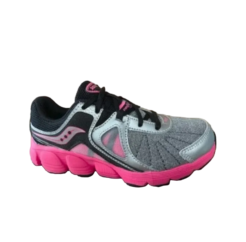 Allen's Bootery Saucony Kotaro 3 big kid's running shoe in silver, black, and pink with lace-up closure.