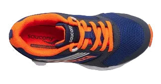 Allen's Bootery Saucony Wind FST kids sneaker in navy and orange with breathable mesh and lace-up closure