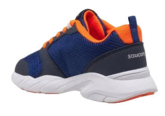 Allen's Bootery Saucony Wind FST little kid's sneaker in navy and orange with a durable mesh upper and rubber outsole.