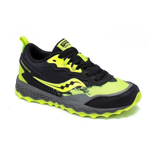 Allen's Bootery black and lime green Saucony Peregrine KDZ trail running shoes with reinforced toe and aggressive tread.
