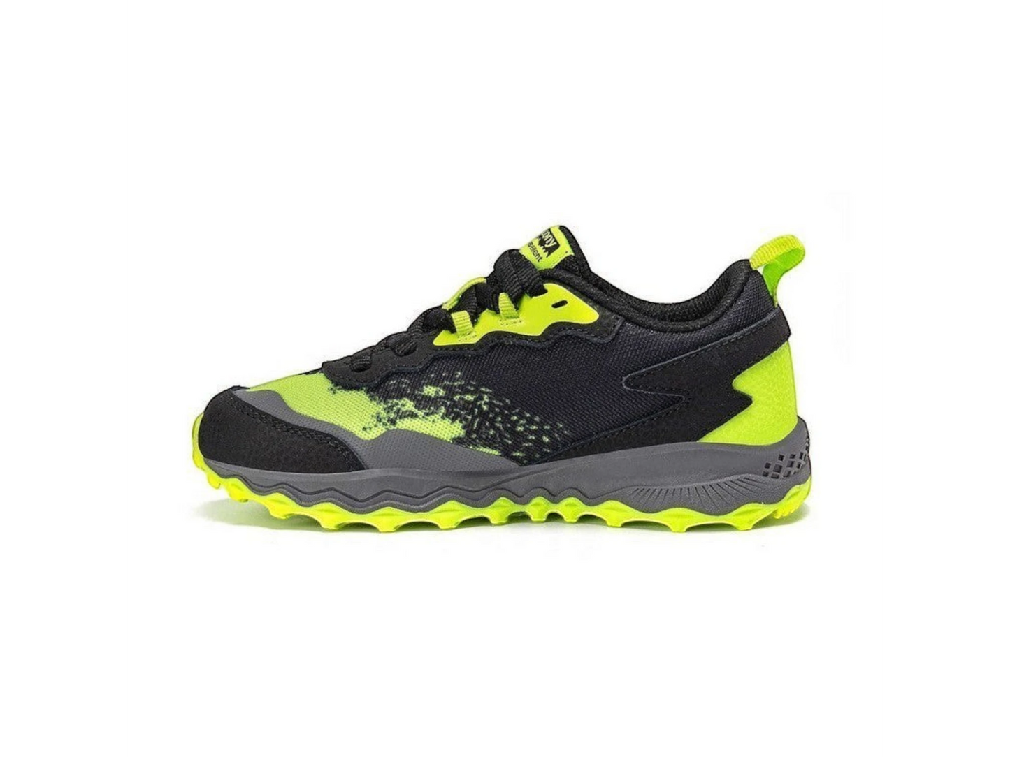 Allen's Bootery black and lime green Saucony Peregrine KDZ trail running shoes for kids with reinforced toe and rugged outsole.